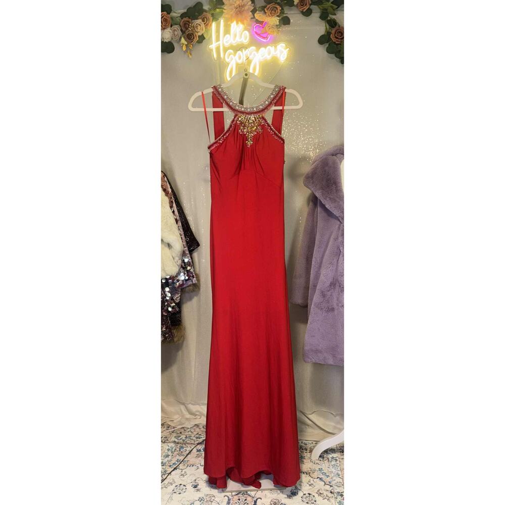 Vintage Mac Duggal Couture Size 12 Red Embellished Evening Gown